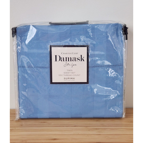 Sky Blue Charter Club Damask 550TC 100% Supima Cotton Blue Stripe Twin Sheet Set - Picture 1 of 8